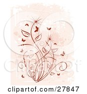 Clipart Illustration Of Silhouetted Butterflies Near A Floral Vine In Brown Tones
