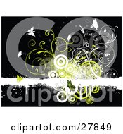 Clipart Illustration Of A White Grunge Text Bar On A Black Background With Green Gray And White Butterflies Vines And Circles