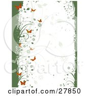 Poster, Art Print Of White Background With Faded Flowers And Leaves Framed By Green Grunge With Vines And Orange Butterflies