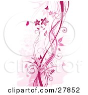 Clipart Illustration Of Silhouetted Butterflies Near A Floral Vine In Pink Tones