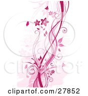 Poster, Art Print Of Silhouetted Butterflies Near A Floral Vine In Pink Tones