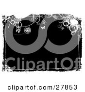 Poster, Art Print Of Horizontal Black Grunge Background Bordered By White Circles Flowers And Butterflies