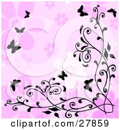 Clipart Illustration Of Silhouetted Butterflies Fluttering Over A Black Vine On A Pink Flower Background