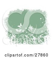Clipart Illustration Of A Green Grunge Background Of White Butterflies Plants And Flowers With A Thick White Border