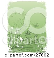 Clipart Illustration Of Faded White And Green Butterflies Over A Green Background With A White Grunge Border And Flowers