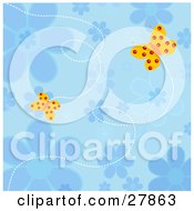 Poster, Art Print Of Two Yellow Butterflies With Red Spots Flying Over A Blue Flower Background