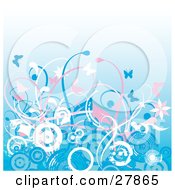 Clipart Illustration Of A Background Of White Blue And Pink Circles Vines Flowers And Butterflies
