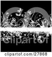 Clipart Illustration Of A White Grunge Text Bar Bordered With Flowers Circles And Butterflies Over A Black Background
