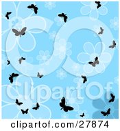 Poster, Art Print Of Silhouetted Butterflies Fluttering Over A Blue Flower Background