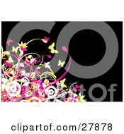 Poster, Art Print Of Black Background With White Pink And Yellow Circles Flowers Vines And Butterflies In The Lower Left Corner