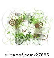 Poster, Art Print Of White Grunge Background With Green And Brown Dots Vines Circles And Butterflies