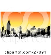 Poster, Art Print Of Skyline Of Benidorm Buildings In Black And White Over An Orange Background