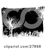 White Grunge Splatters Foliage And Bare Trees Over A Black Background