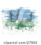Clipart Illustration Of Seagulls Flying In A Painted Blue Sky Over Bare Trees Along A Fence In A Pasture With Green Grunge