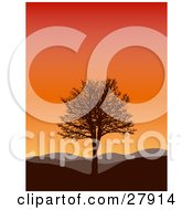 Clipart Illustration Of A Silhouetted Bare Tree On A Hill With Rolling Hills In The Background Under A Gradient Sunset Sky