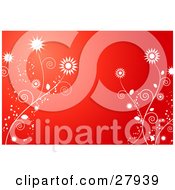 Clipart Illustration Of White Bursting Flowers On Vines With Sparkles Over A Red Background