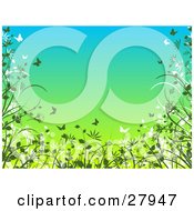 Clipart Illustration Of A Gradient Blue To Yellow Background Bordered By Silhouetted Green And White Plants And Butterflies