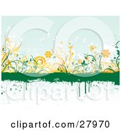Clipart Illustration Of A Green Grunge Dripping Text Box Over A Blue Background With Orange And White Circles And Flowers