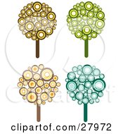 Poster, Art Print Of Set Of Four Retro Styled Trees Made Of Brown Yellow Orange Green And Blue Circles