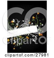 Blank White Text Box Bordered By Orange Flowers And Green Vines Over A Black Grid Background