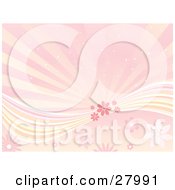 Poster, Art Print Of Pink Background Of Bursts Of Sunlight Over A Wave Of Pink Flowers And Lines