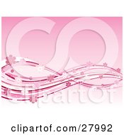 Clipart Illustration Of A Gradient Pink Background With White And Pink Waves Of Lines And Sparkling Flowers
