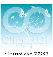 Clipart Illustration Of A Gradient Blue To White Background With A Blue And White Plat With Curling Stems And Leaves