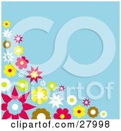 Clipart Illustration Of A Corner Of Colorful Yellow White Brown And Red Flowers Over A Blue Background