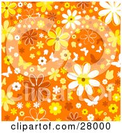Clipart Illustration Of A White And Yellow Butterflies And Flowers Over An Orange Background