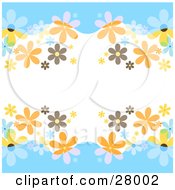 Poster, Art Print Of White Background Bordered By Blue Waves With Orange Blue Yellow And Brown Flowers