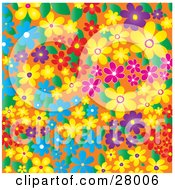 Poster, Art Print Of Colorful Background Of Blue Yellow Purple And Red Flowers And Leaves Over Orange