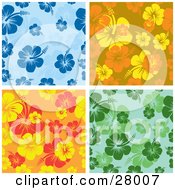 Poster, Art Print Of Set Of Blue Orange Yellow And Green Hibiscus Backgrounds
