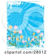 Colorful Garden Of Flowers Under Rays Of Light In A Blue Sky With White Grunge And Scratch Texture