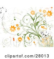 Poster, Art Print Of Grunge Background Of Orange Flowers On A Green Plant With Green And Orange Paint Splatters