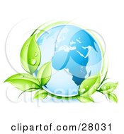 Poster, Art Print Of Blue Earth Globe Circled By Green Dew Covered Leaves