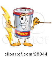 Battery Mascot Cartoon Character Holding A Bolt Of Energy And A Pointer Stick