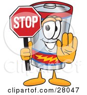 Battery Mascot Cartoon Character Holding A Stop Sign