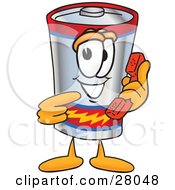 Battery Mascot Cartoon Character Holding A Telephone