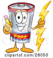 Battery Mascot Cartoon Character Holding A Pencil