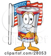 Clipart Illustration Of A Battery Mascot Cartoon Character Pledging Allegiance To An American Flag by Toons4Biz