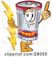 Battery Mascot Cartoon Character Holding A Bolt Of Energy And Pointing Upwards