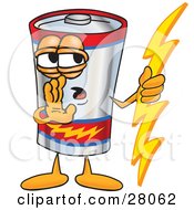 Clipart Illustration Of A Battery Mascot Cartoon Character Holding A Bolt Of Energy And Whispering by Toons4Biz