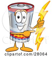Battery Mascot Cartoon Character Holding A Bolt Of Energy And Pointing To The Right