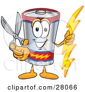 Clipart Illustration Of A Battery Mascot Cartoon Character Holding A Pair Of Scissors by Toons4Biz
