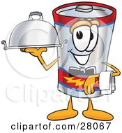 Battery Mascot Cartoon Character Dressed As A Waiter And Holding A Serving Platter