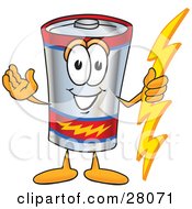 Battery Mascot Cartoon Character Holding A Bolt Of Energy And Welcoming