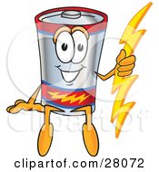 Battery Mascot Cartoon Character Sitting And Holding A Bolt Of Energy