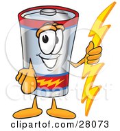 Clipart Illustration Of A Battery Mascot Cartoon Character Holding A Bolt Of Energy And Pointing At The Viewer by Toons4Biz
