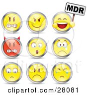 Set Of Mad Mean Devil Scared Crying And Upset Red And Yellow Emoticon Faces Circled In Chrome