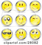 Set Of Winking Smiling Happy Awed Cool Silenced And Nervous Yellow Emoticon Faces Circled In Chrome